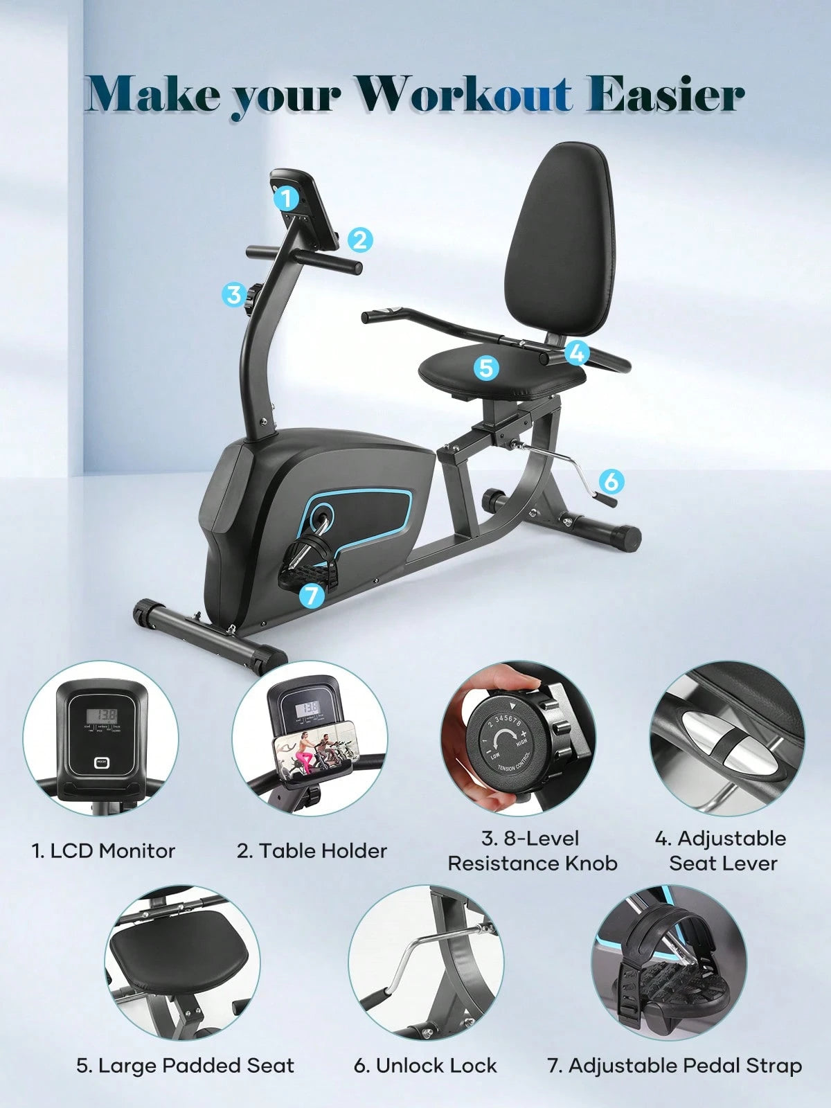 Exercise Bike Indoor Recumbent Exercise Bike with Adjustable Seat and Resistance Pulse Seat Height Adjustment