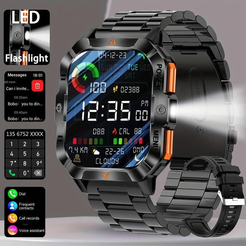 2.01-Inch Smartwatch with LED Flashlight Wireless Calling IPS HD Display 100+ Sports Modes for Outdoor Sports Fashionable Wearable Device with Message Reminders Step and Calorie Counters